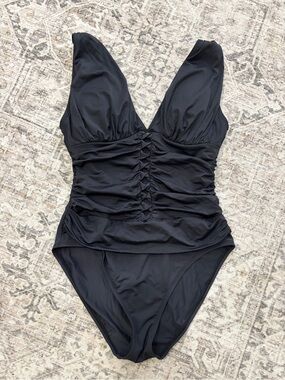 Bleu Rod Beattie Ruched Black V-Neck One-Piece Swimsuit